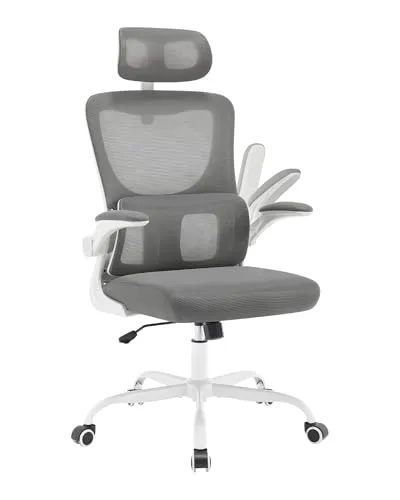WOLTU Bürostuhl ergonomisch, Schreibtischstuhl mit Schaukelfunktion, Verstellbare Kopfstütze, umkehrbare Armlehnen, Lendenwirbelstütze Arbeitsstuhl für Büro, Bürostühle 150 kg, Grau