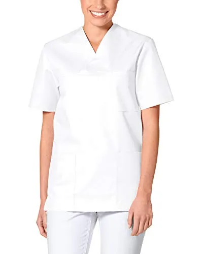 CLINIC DRESS Schlupfkasack - Unisex Kasack Damen und Herren bunt für Pflege und Altenpflege, Kurzarm und Brusttasche, 95 Grad Wäsche weiß, XS