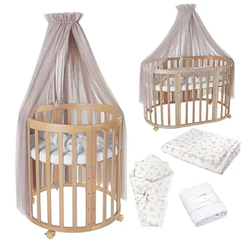 Waldin Babybett Mobiles Babybett OWAL aus Holz 7in1 mit Matratze - Vielseitiges Babybett 7in1 aus FSC-zertifiziertem Buchenholz. Mitwachsend und anpassbar, ideal als Beistellbett oder Laufstall. Inklusive 3-teiliger Matratze und Sicherheitsschnalle.