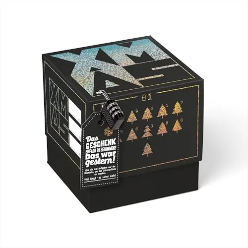 SURPRISA Geschenkbox für Weihnachten, Rätselbox für Geldgeschenke, Glitzer-Design in Schwarz mit XMAS-Aufdruck, Größe M (16cm)