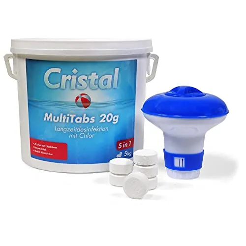 Cristal Chlor Multitabs 20 g - 5 kg Set mit Chlordosierer - Effektive 5 in 1 Poolpflege für klares Wasser - Langzeitdesinfektion für Pools