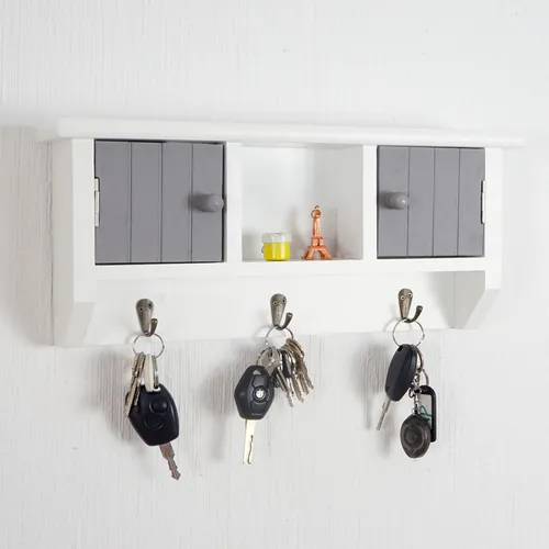MCW Schlüsselbrett aus Holz, Grau-Weiß, 40x19x8 cm - Praktisches Schlüsselbrett mit drei Haken und Ablagefächern für Ordnung in Ihrer Garderobe. Komplett montiert geliefert, ideal für ein stressfreies Zuhause.