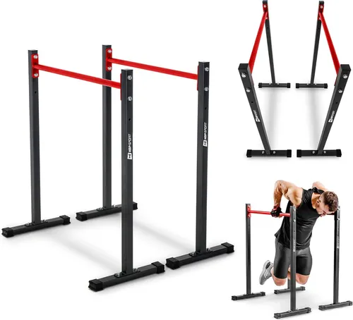 HOP SPORT Dip Stange Dip Barren - Verstellbare Dip-Station bis 140kg für effektives Krafttraining - Kraftstation für Ganzkörpertraining, höhenverstellbare Handläufe und inklusive Neoprenhandschuhe für optimalen Grip und Schutz.