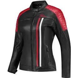Rusty Stitches Alice Lederjacke für Damen - Schwarz/Weiß/Rot - Größe 38 - Funktionsjacke im Retro-Look mit modernen Sicherheitsfunktionen, zertifizierte Protektoren, herausnehmbares Thermofutter und 7 praktische Taschen für optimalen Komfort.