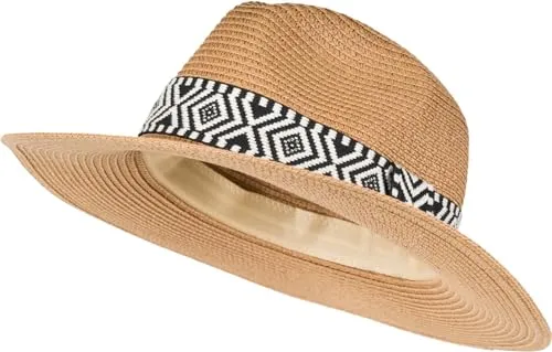 styleBREAKER Damen Panama Sonnenhut Einfarbig mit Stoff Hutband mit Azteken Muster, Strohhut, Schlapphut, Sommerhut, Fedora Hut 04025046, Farbe:Braun