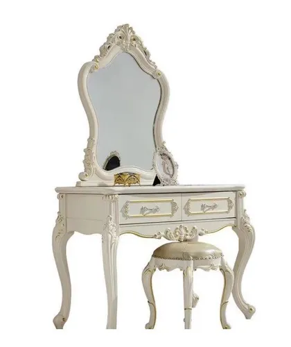 Schminktisch mit Hocker - Vintage Design - Eleganter Schminktisch mit integriertem Spiegel und Hocker, ideal für das Schlafzimmer. Aus hochwertigem Holz und Glas, mit 2 Schubladen für zusätzlichen Stauraum. Maße: 100 x 50 x 160 cm.