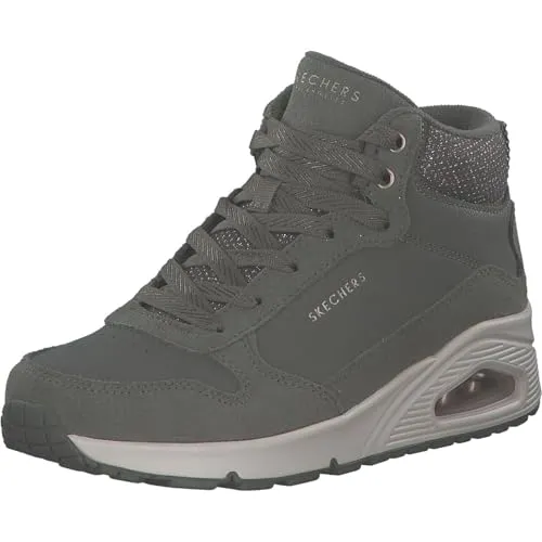 Skechers Damen Sneaker UNO Stacre Shine olive - Stiefeletten mit trendigem Glanz-Design und Air-Cooled Memory Foam für optimalen Tragekomfort. Ideal für Freizeit und Streetwear-Looks.