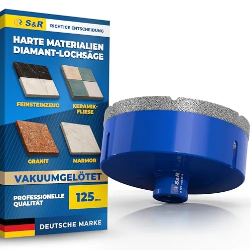 S&R Professional Diamant Fliesenbohrer 125 mm - Premium Diamant Bohrkrone für präzise Löcher in Fliesen, Naturstein und Granit. Vakuum-lötetechnologie sorgt für lange Lebensdauer und saubere Schnittkanten. Ideal für Profis und Heimwerker.