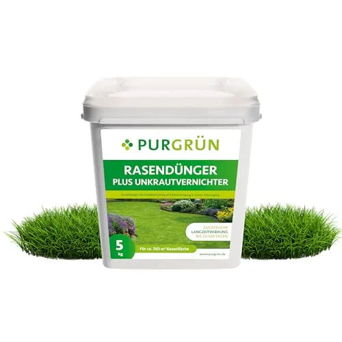 Purgrün® Rasendünger mit Unkrautvernichter 5 kg – Profi-Qualität für jeden Rasen - Rasendünger mit 100 Tagen Langzeitwirkung, kombiniert mit einem effektiven Unkrautvernichter für gesunden, dichten Rasen. Deckt bis zu 250 m² und sorgt für gleichmäßiges Wachstum.