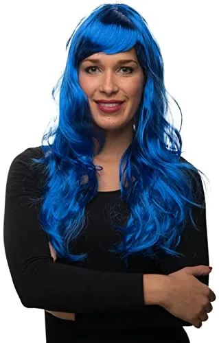 Sexy Langhaar Damen Frauen Perücke lockig/gewellt für Fasching Karneval Motto Party - 13 Farben (Blau)