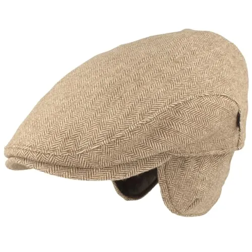 Breiter Herren Winter Schiebermütze mit Ohrenklappen Flatcap Schirmmütze 100% Wolle Mütze mit ausklappbarer Ohrenschutz Hautfreundlich & Bequem 59