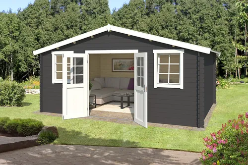 Gartenhaus Blockhaus Udo 380 grau 500x400 cm - Gartenhaus mit Satteldach aus 28 mm Blockbohlen, abschließbar und mit 2 Einzelfenstern für optimale Belüftung. Ideal für Gartenliebhaber, die zusätzlichen Stauraum suchen.