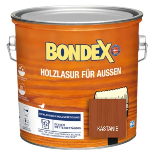 Bondex Holzlasur für Aussen - Kastanie 2,5L - Hochwertige Holzschutzlasur in kastanienbrauner Farbe, ideal für den Außenbereich. Schützt Ihr Holz vor Witterungseinflüssen und sorgt für einen seidenglänzenden Finish.