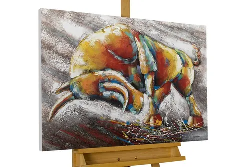 KUNSTLOFT Gemälde Innere Stärke 100x75 cm - Handgemaltes Acrylbild, das die kraftvolle Pose eines Stieres zeigt und Ihrem Wohnzimmer oder Büro eine beeindruckende Präsenz verleiht.