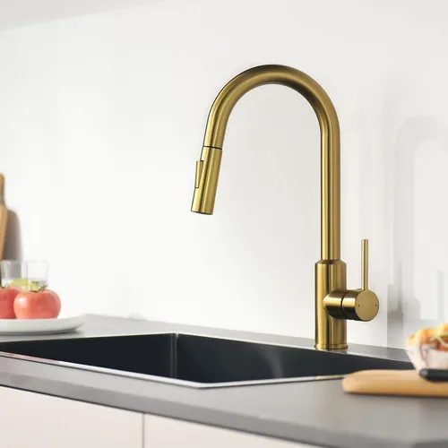 Küchenarmatur mit ausziehbarer Brause, Hochdruck, 360° schwenkbar, 2 Strahlmodi, Gold