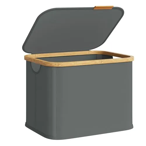 SONGMICS Wäschekorb mit Deckel, zusammenklappbar, 40 L, Bambusrahmen | Wäschesammler, Gewebe, 42 x 32 x 30 cm, für Waschküche, Schlafzimmer, grau und gelb, ROXANNE Kollektion LCB516GN01