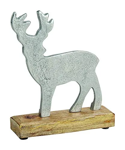 unbekannt Hirsch Figur Metall auf Mango Holzplatte 18 x 22 x 5 cm Silber