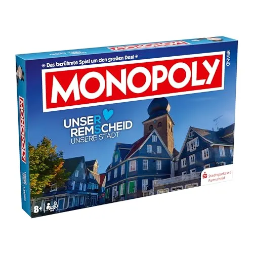 Winning Moves - Monopoly Remscheid Brettspiel - Gesellschaftsspiel für die ganze Familie, entdecke Remscheids Sehenswürdigkeiten und erlebe spannende Aufgaben, ideal für 2 bis 6 Spieler ab 8 Jahren.