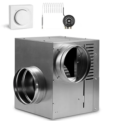 SYSTERM Warmluftverteilung Kamin Gebläse Turbine Ventilator AN3 gen II 150mm 990m3/h, Heißluftventilator, Heißluft boost. Mit Thermostat und Wanddrehzahlregler. (AN3 gen II, Weiß Drehzahlregler)