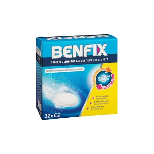 Benfix 32 Tabletten zur Reinigung von Zahnprothesen und Kieferorthopädie, entfernt Bakterien, Plaque und schlechte Gerüche, mit aktivem Sauerstoff
