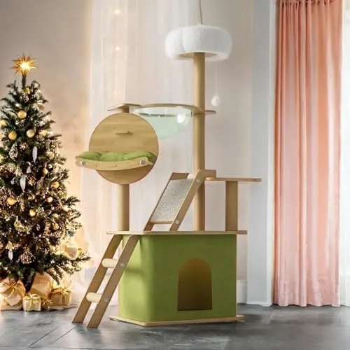 MEKIDULU Kratzbaum-150 cm Mode katzenkratzbaum-Mit transparenter Raumkapsel, Mit Natur-Sisal,Katze Hängematte,Plüsch-Sprungplattform,Spielzeugball, Grünem Kissen，Kratzbaum Holz-Kratzbaum groß