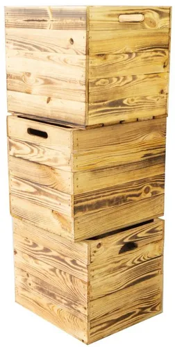 Kistenkolli Altes Land Allzweckkiste 3er Set - 3er Set geflammte Holzkisten, ideal für Kallax und Expeditregale. Vielseitig einsetzbar als Hocker oder Obstkiste und aus nachhaltiger Forstwirtschaft (FSC zertifiziert).