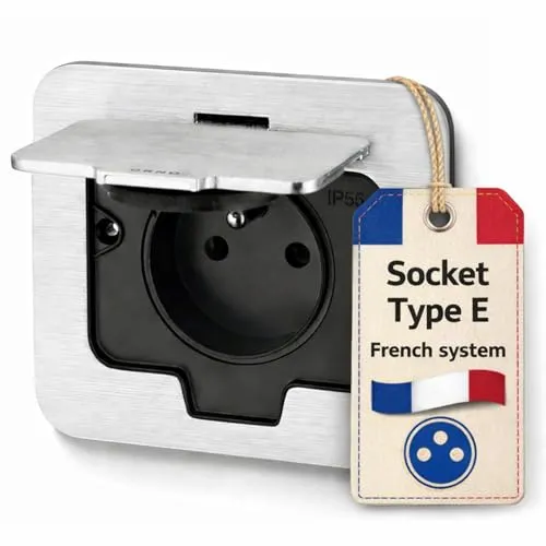 Edelstahl Einbausteckdose IP55 mit Klappdeckel, Typ E Französisch
