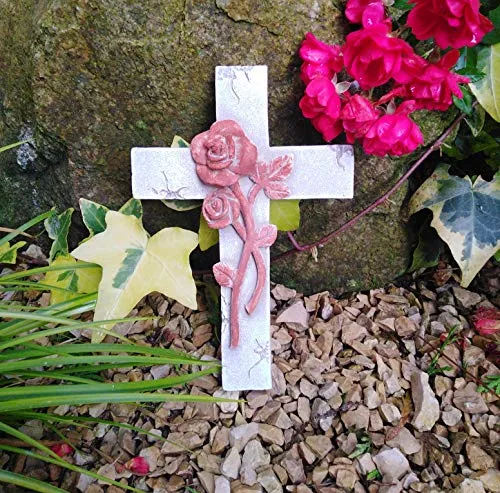 Radami Kreuz mit 3D Rosen Rost Grabengel Gedenkstein Grabschmuck Grabdeko
