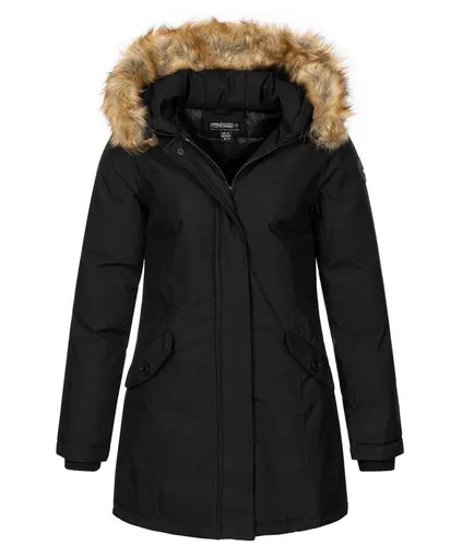 Geographical Norway Damen Winterjacke Parka D-451 Schwarz L - Stylische Winterjacke mit 2 praktischen Taschen, Kapuze und robustem Reißverschluss. Ideal für kalte Tage, bietet sie zuverlässigen Schutz und bequemen Tragekomfort.