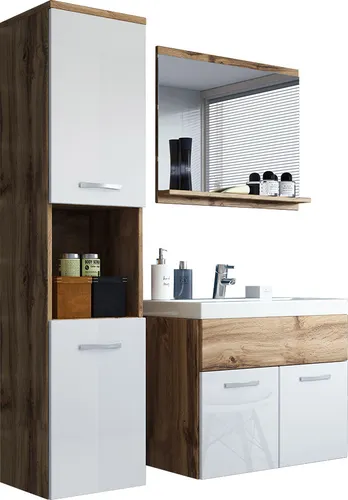Mirjan24 Badmöbel-Set Eiche Wotan Weiß Hochglanz - Elegantes Badmöbel-Set mit Hochschrank, Spiegel und Waschbecken. Ideal für stilvolle Badezimmer, bietet funktionalen Stauraum und modernes Design.