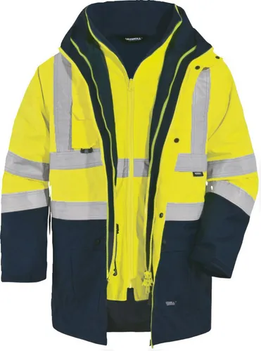 vizwell Funktionsparka 5 in1 Warnschutz Parka Arbeitsjacke Winterjacke mit Kapuze wasserdicht, auch als Weste tragbar
