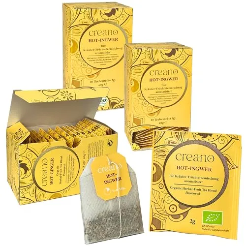 Creano Bio Tee HOT-INGWER, Kräuter-Früchteteemischung, BIO Teebeutel-Tee 3er Pack (3x 20 Beutel)