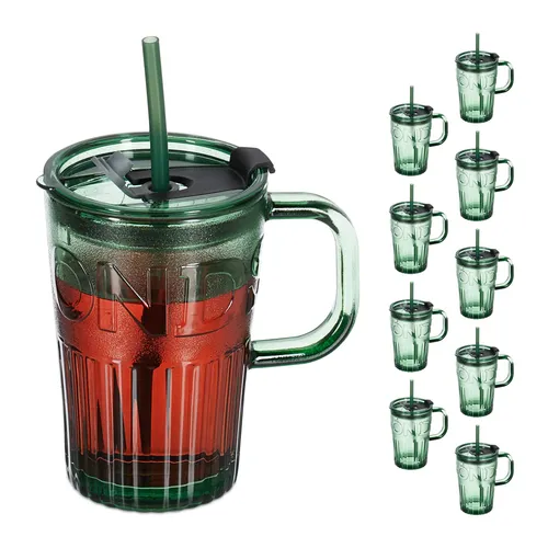 Relaxdays Gläser-Set 10er Set mit Henkel, grün - Praktisches 10er Set Trinkgläser mit abnehmbarem Deckel und Strohhalm, ideal für Gartenpartys und Picknicks. Perfekt für Heiß- und Kaltgetränke, spülmaschinenfest für einfache Reinigung.