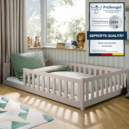 Kinderbett Bodenbett 120x200 cm mit Matratze und Rausfallschutz - Montessori Bett aus FSC-zertifiziertem Kiefer-Vollholz, sicher und stabil mit abnehmbarem Rausfallschutz – ideal für ruhige Nächte und spielerisches Lernen.