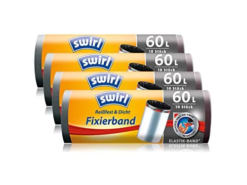 Swirl Fixierband-Müllbeutel, 60 Liter, 4 Rollen mit je 10 Beuteln, Anthrazit