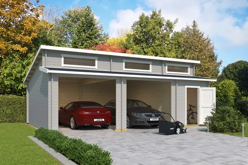 Lasita Garage Stufendach 44 mm Hawaii ohne Tor grau 820x520 cm - Gartenhaus mit 39.4 m² Nutzfläche, 3 Einzelfenstern und abschließbarer Einzeltür, ideal für sicheren Stauraum und langlebige Nutzung.