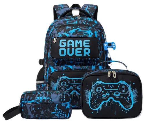 Schulranzen Set 3-teilig Jungen 8-12 Jahre Wasserdicht Blau Gaming Motiv