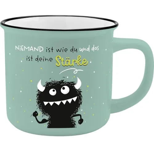 H:PPY life Tasse Monster mit Spruch Stärke | Becher mit schwarzem Trinkrand, 35 cl, Höhe 8,4 cm | lustiges Geschenk, für Freunde | 74161