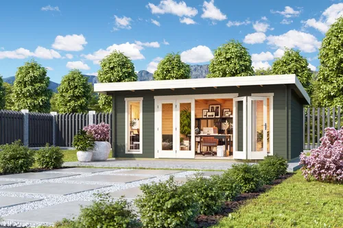 Gartenhaus Blockhaus Pultdach 44 mm Sussex 2 grün - Gartenhaus aus Blockbohlen mit 44 mm Wandstärke, ideal als zusätzlicher Raum mit 19.71 m² Nutzfläche, abschließbar und inklusive Holz-Boden.