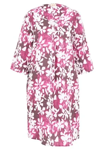 Sommerkleid CARTOON mit Muster - Damenkleid aus 100% Leinen, luftig und modisch mit floralem Design. Perfekt für warme Tage und lässige Anlässe, knielang mit U-Boot-Ausschnitt.