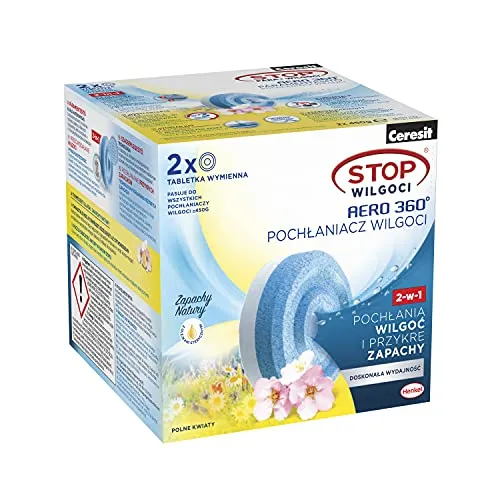 Ceresit STOP Feuchtigkeit AERO 360° Wiesentabletten Blumen Feuchtigkeitsabsorberpatronen, moderne Feuchtigkeitsabsorbierende Tabletten, saugfähiger Geruchsneutralisierer, 2x450g