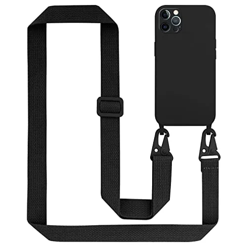 Cadorabo Handykette kompatibel mit Apple iPhone 12 12 PRO Schutzhülle TPU Liquid Silikon Case Necklace mit verstellbarem Band Kordel mit Etui Rundumschutz Case Hülle für iPhone 12 12 PRO in Schwarz