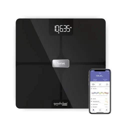 Produktbild Tefal Goodvibes BM9670S1 Smart-Waage, 14 Körperanzeigen, unbegrenzte Benutzeranzahl, 180 kg Kapazität und Glasplatte 32 x 32 cm, Schwarz