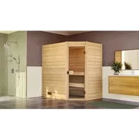 WEKA Massivholzsauna VALIDA Eck 1, beige (natur) - Kompakte Ecksauna für kleine Badezimmer, gefertigt aus naturbelassenem Fichtenholz für ein optimales Saunaklima. Mit moderner Ganzglastür und 4,5 kW Saunaofen für maximale Entspannung.