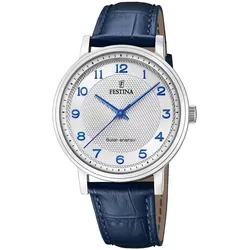 Festina F20660/1 Solar Uhr Herrenuhr mit Lederarmband - Blau/Silber - Chronographen mit Solarbetrieb für umweltbewusste Herren, elegantes Design aus Edelstahl und hochwertigem Lederarmband, wasserdicht bis 5 bar.