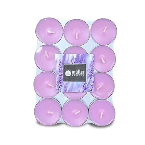 Müller 24 Duft Teelichter – Lavendel – 4 Stunden Brenndauer – Ø39 mm – Farbe Flieder – Premium Lavender Fields Duftkerzen – Gegossenes Wachs – RAL Qualität