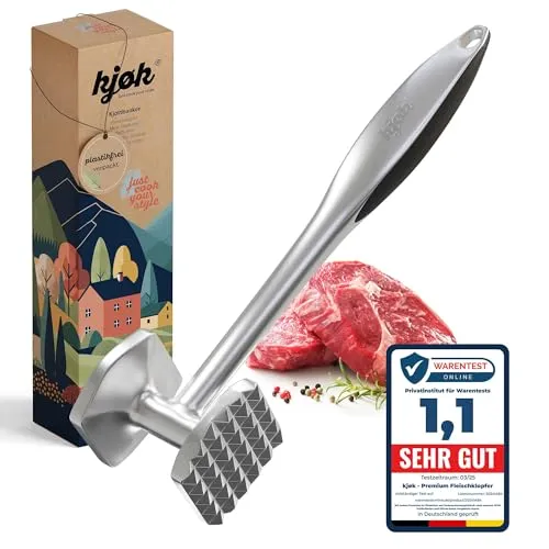 kjøk Premium Fleischklopfer aus Zinklegierung in Chrom matt - Schnitzelklopfer oder Fleischhammer für Schnitzel spülmaschinenfest - Schnitzelhammer Fleischplattierer Plattierer Geschenkverpackung