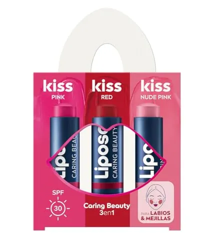 LIPOSAN Caring Beauty 3in1 Lippenbalsam, kombiniert Lippenbalsam und Rouge Stick in 3 Tönen (rot, rosa und pink nude), 3 in 1 Stick Lippenbalsam (3 x 4,8 g)