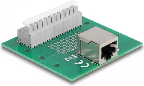 DELOCK 67012 RJ50 Buchse / Terminalblock für Hutschiene - Vielseitiger Adapter zur Verbindung von Steuerungs- und Messgeräten. Werkzeugfreier Anschluss über Terminalblock, ideal für Hutschienenmontage. Robuste Bauweise für Temperaturen von -40 °C bis 100 °C.