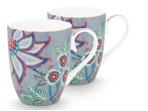 PiP Studio Large Flower Festival Becher Set - Thermobehälter: 2 dekorierte Becher à 350ml im romantischen Blumendesign, ideal für Heißgetränke und perfekt für jeden Anlass.